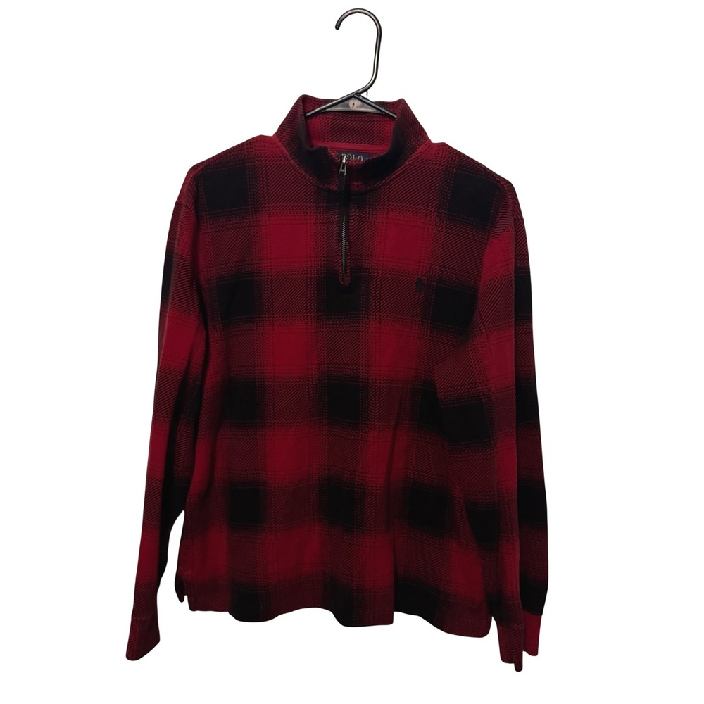 Polo Ralph Lauren Estate Rib 1/4 Zip Mens Medium Red Black Buffalo Plaid SHORT